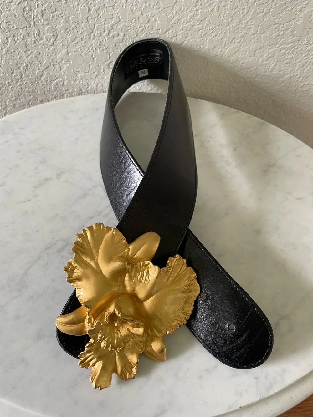 Rare 1994 Kathrine Baumann Beverly Hills Orchid Statement Buckle Leather Belt